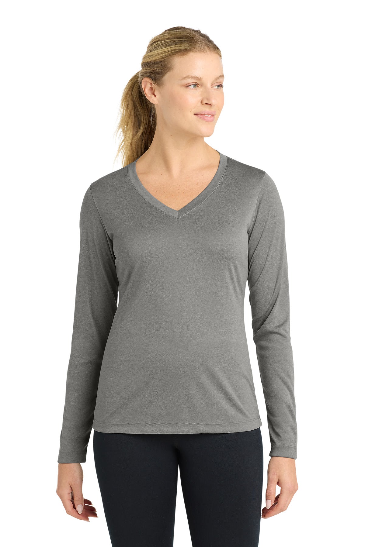 Sport-Tek Women's Long Sleeve PosiCharge Competitor V-Neck Tee - Grey Concrete Heather