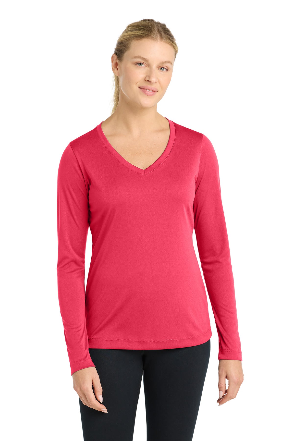 Sport-Tek Women's Long Sleeve PosiCharge Competitor V-Neck Tee - Hot Coral