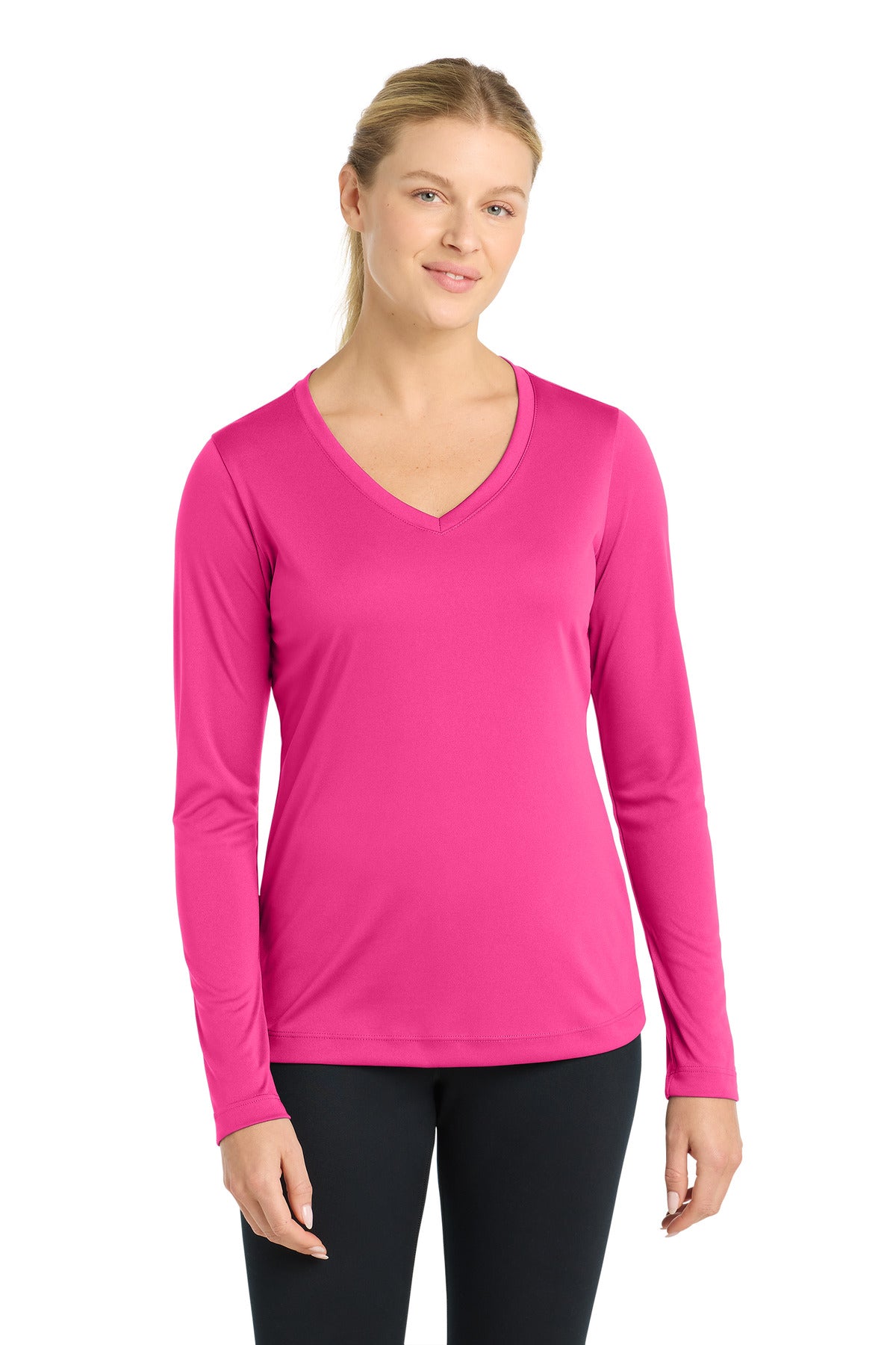 Sport-Tek Women's Long Sleeve PosiCharge Competitor V-Neck Tee - Neon Pink