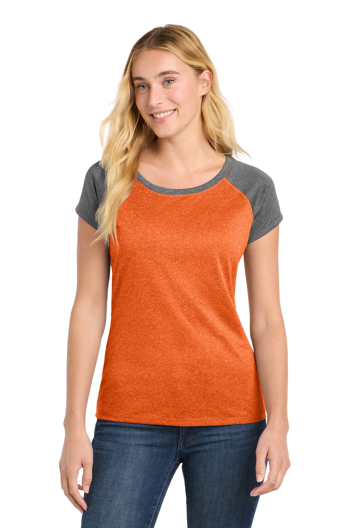Sport-Tek  Women's Heather-On-Heather Contender  Scoop Neck Tee - Deep Orange Heather/ Graphite Heather