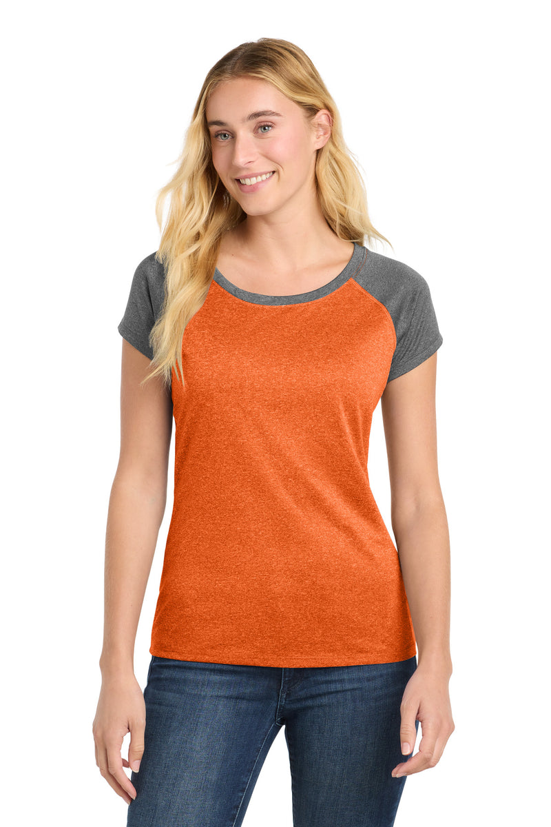 Sport-Tek  Women's Heather-On-Heather Contender  Scoop Neck Tee - Deep Orange Heather/ Graphite Heather