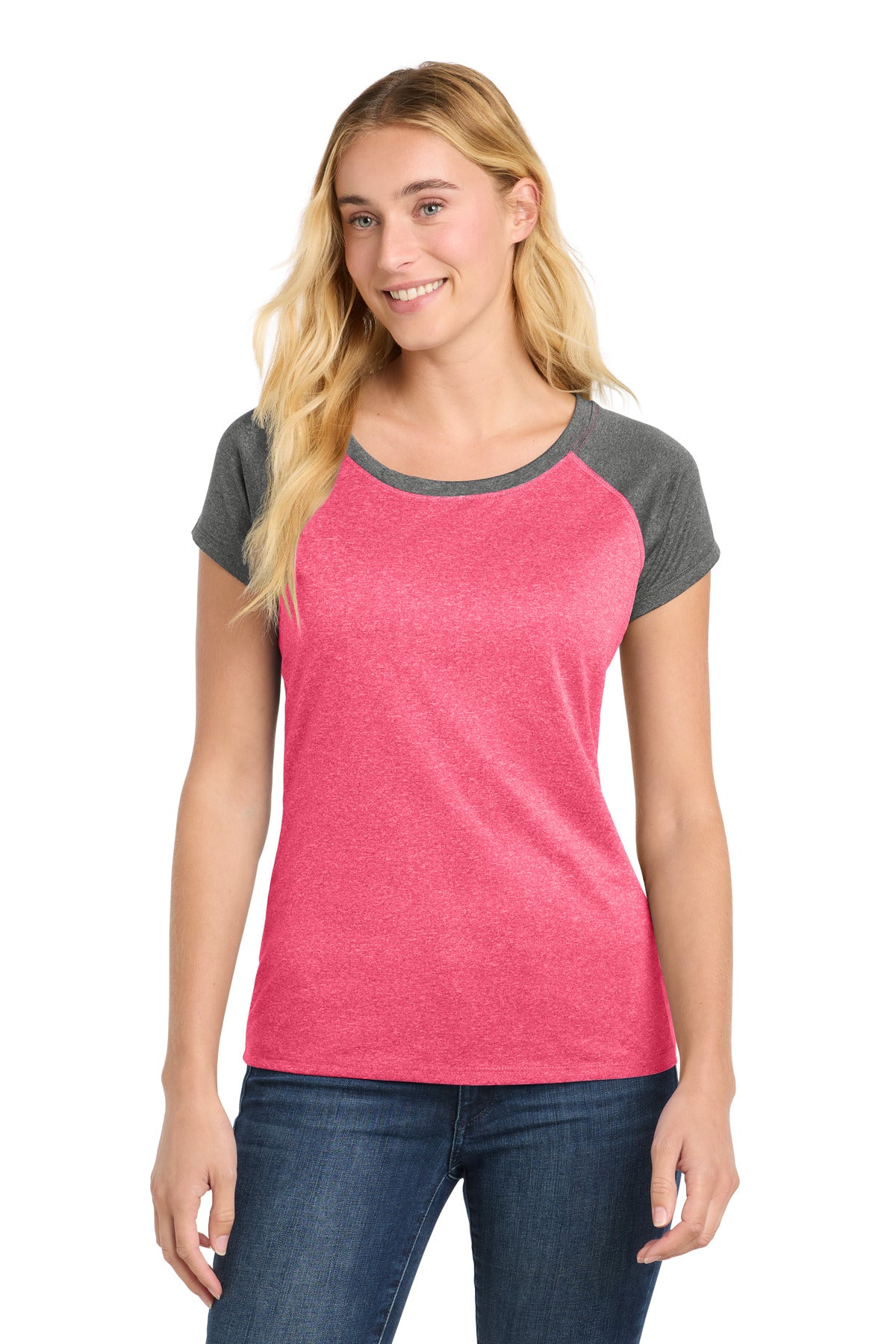 Sport-Tek  Women's Heather-On-Heather Contender  Scoop Neck Tee - Pink Raspberry Heather/ Graphite Heather