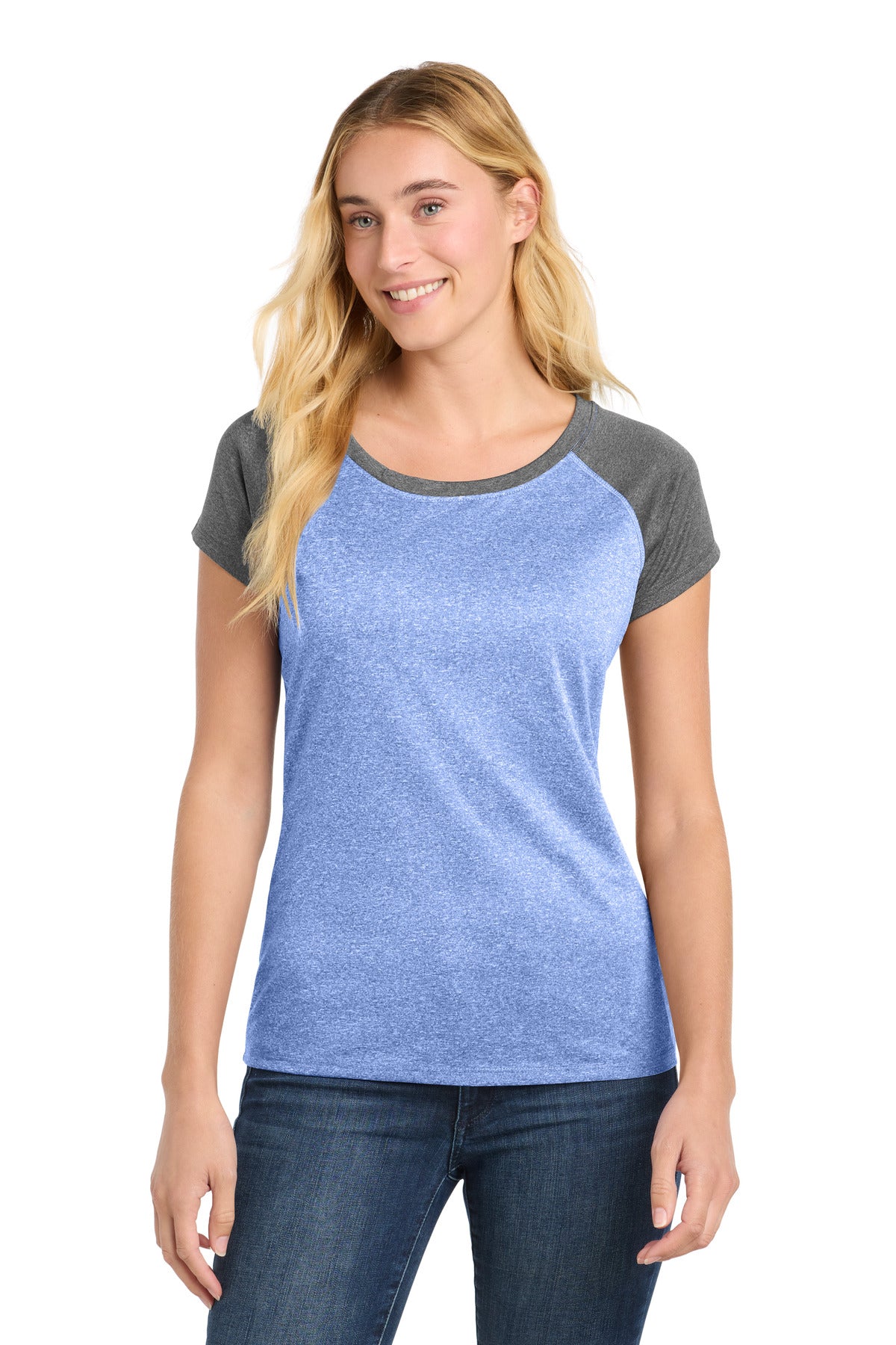 Sport-Tek  Women's Heather-On-Heather Contender  Scoop Neck Tee - True Royal Heather/ Graphite Heather