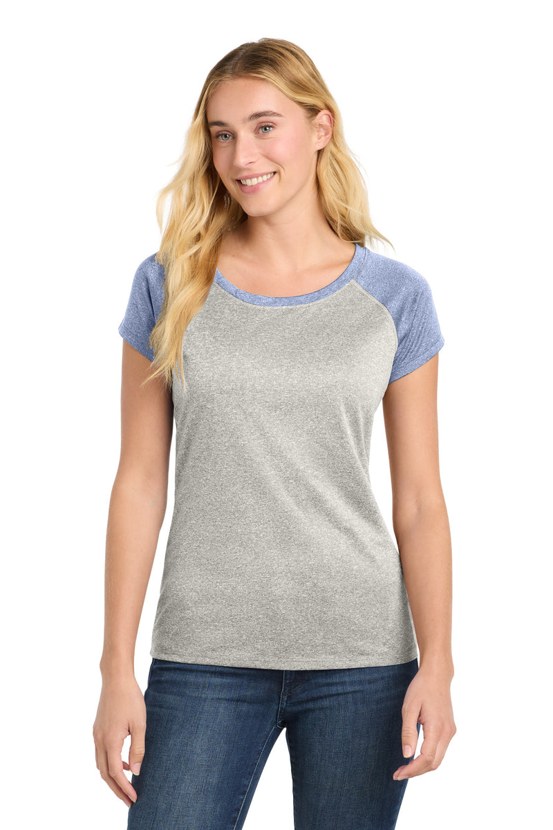 Sport-Tek  Women's Heather-On-Heather Contender  Scoop Neck Tee - Vintage Heather/ True Navy Heather