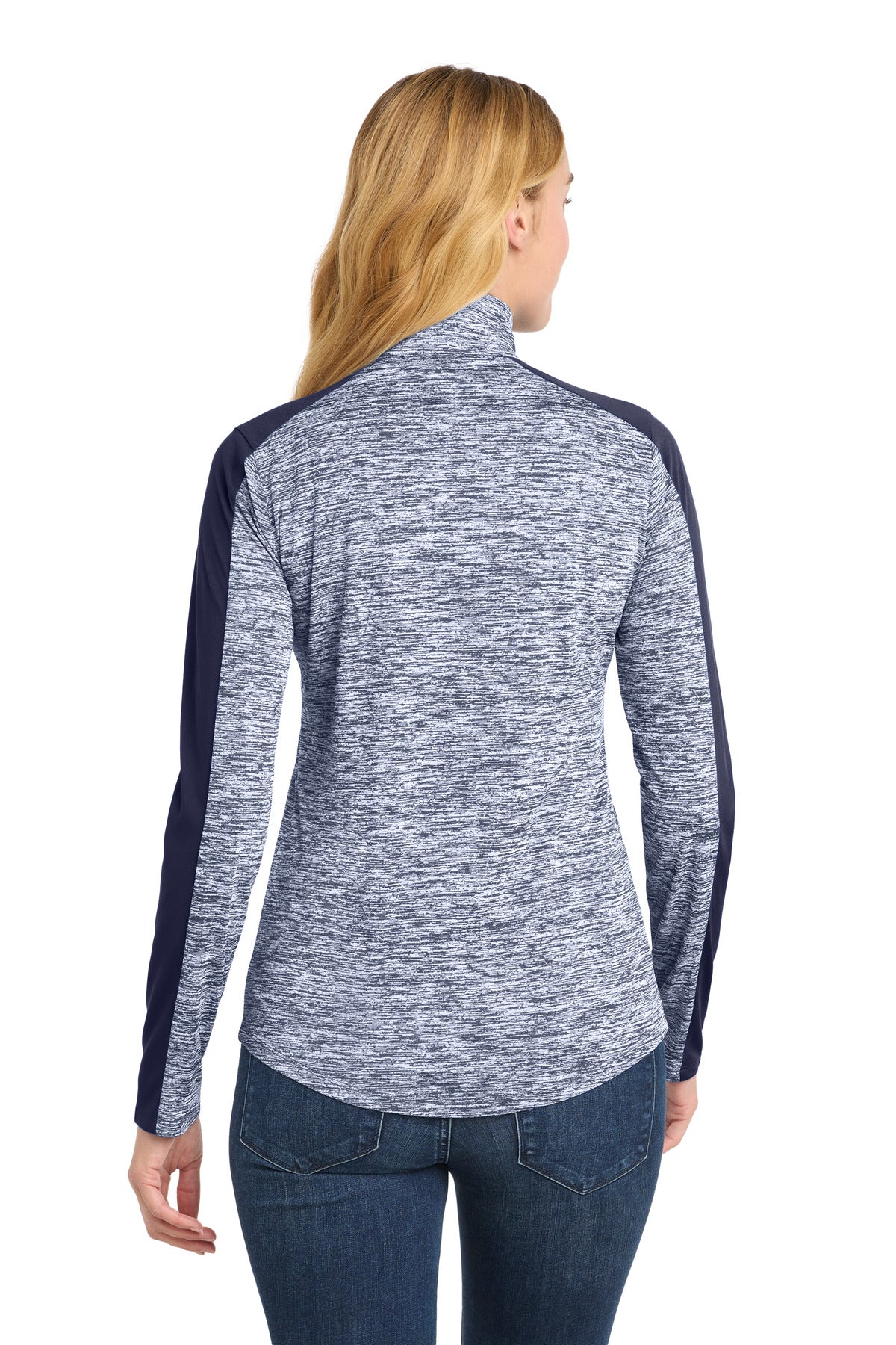 Sport-Tek Women's PosiCharge Electric Heather Colorblock 1/4-Zip Pullover - True Navy Electric/ True Navy