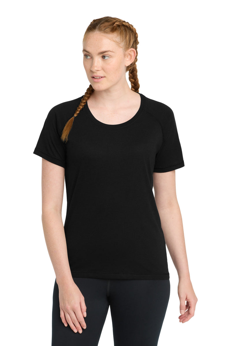 Sport-Tek  Women's PosiCharge  Tri-Blend Wicking Scoop Neck Raglan Tee - Black Triad Solid