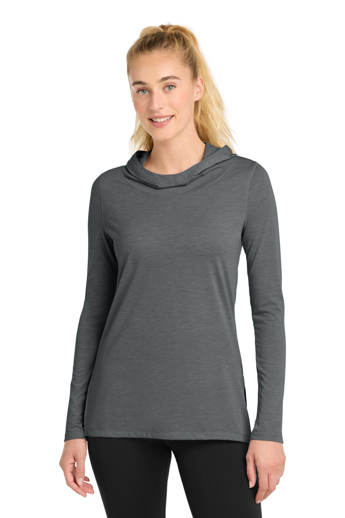 Sport-Tek Women's PosiCharge  Tri-Blend Wicking Long Sleeve Hoodie - Dark Grey Heather