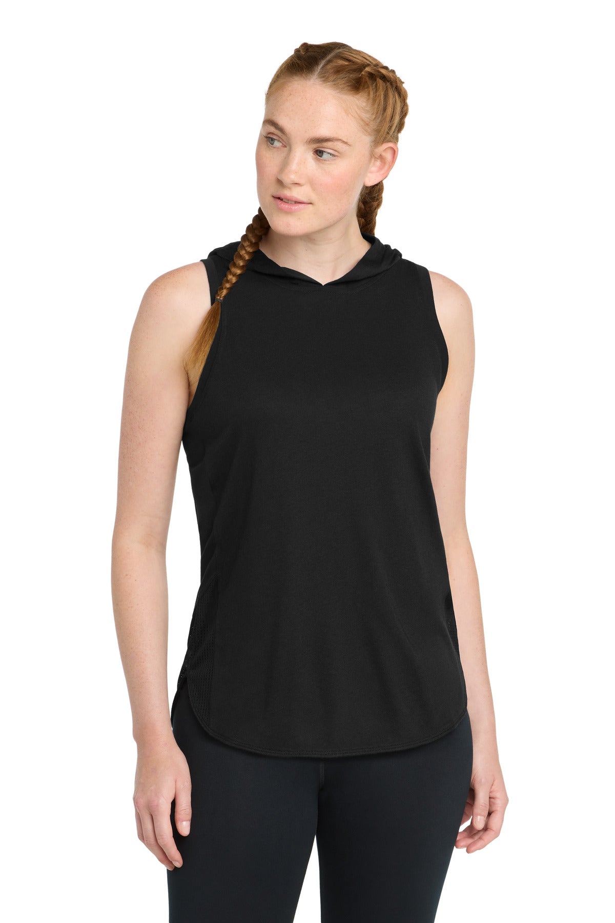 Sport-Tek  Women's PosiCharge  Tri-Blend Wicking Draft Hoodie Tank - Black/ Black Triad Solid