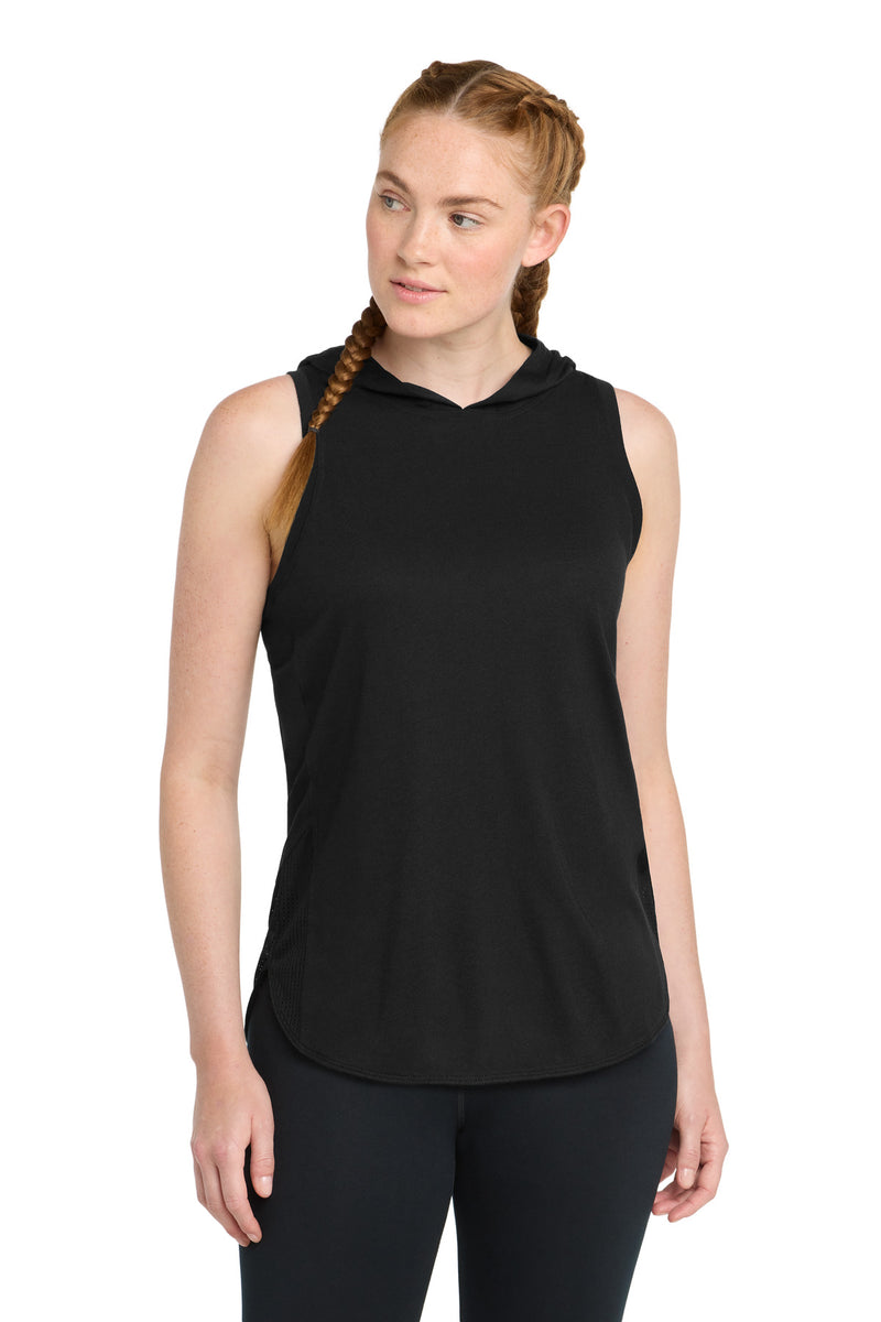 Sport-Tek  Women's PosiCharge  Tri-Blend Wicking Draft Hoodie Tank - Black/ Black Triad Solid