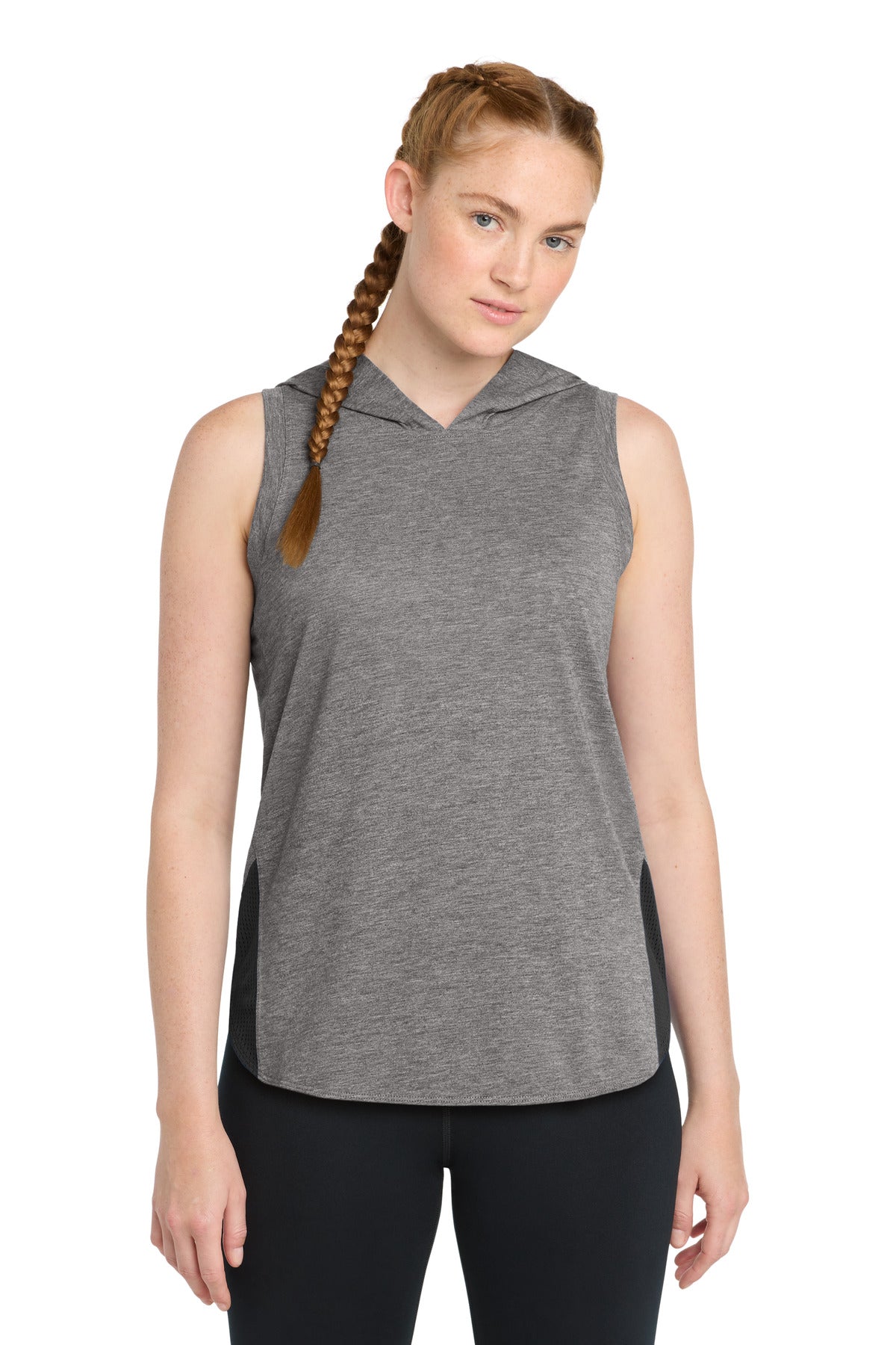 Sport-Tek  Women's PosiCharge  Tri-Blend Wicking Draft Hoodie Tank - Black/ Dark Grey Heather
