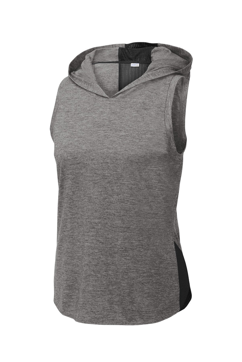 Sport-Tek  Women's PosiCharge  Tri-Blend Wicking Draft Hoodie Tank - Black/ Dark Grey Heather