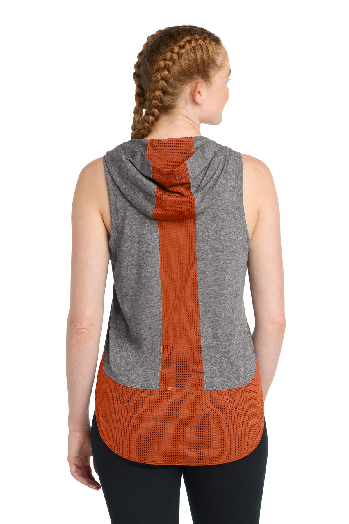 Sport-Tek  Women's PosiCharge  Tri-Blend Wicking Draft Hoodie Tank - Deep Orange/ Dark Grey Heather