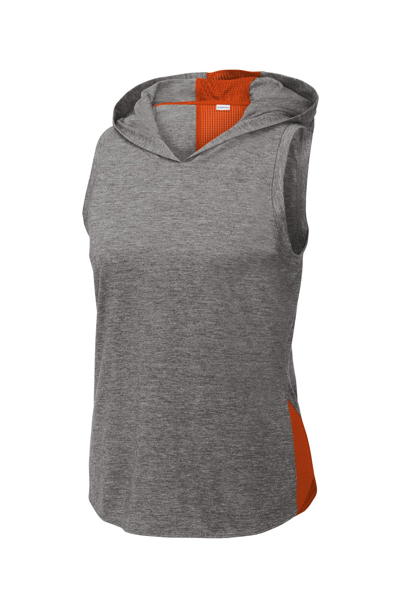 Sport-Tek  Women's PosiCharge  Tri-Blend Wicking Draft Hoodie Tank - Deep Orange/ Dark Grey Heather