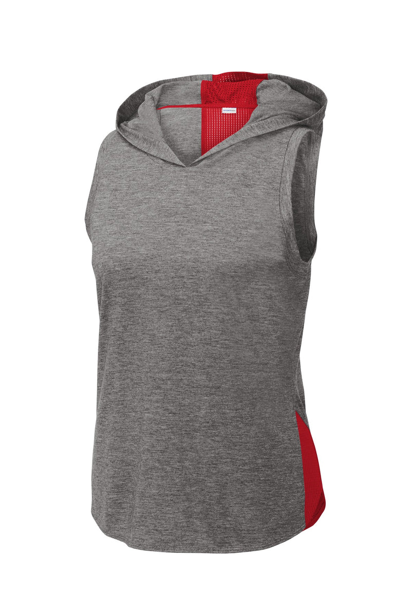Sport-Tek  Women's PosiCharge  Tri-Blend Wicking Draft Hoodie Tank - True Red/ Dark Grey Heather