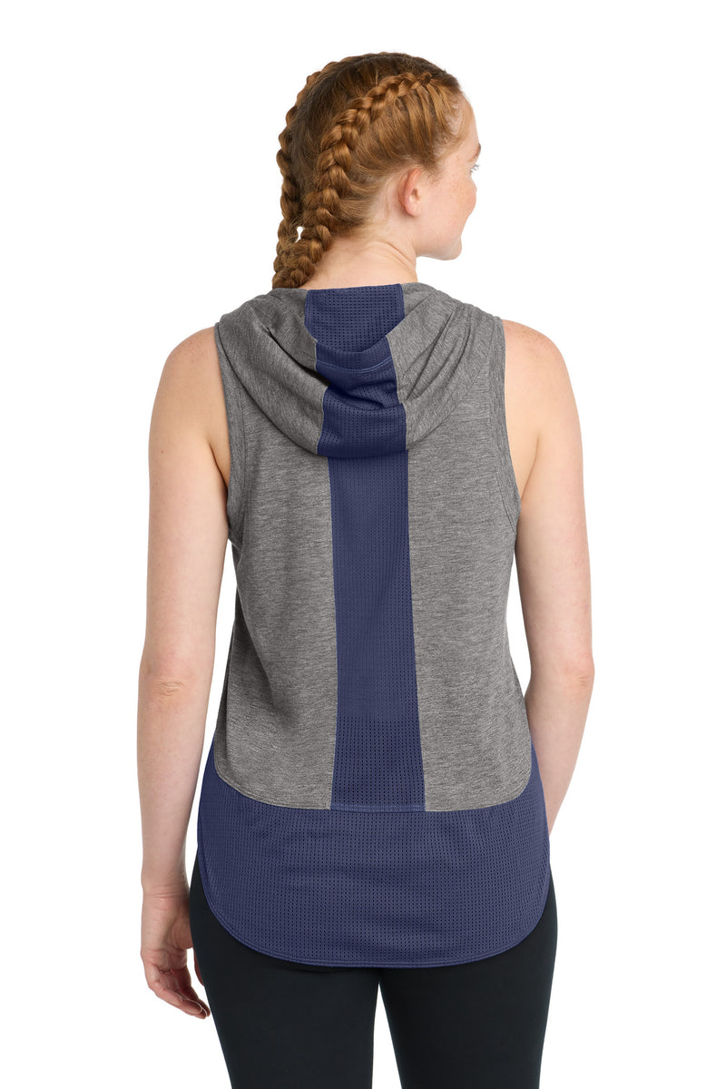Sport-Tek  Women's PosiCharge  Tri-Blend Wicking Draft Hoodie Tank - True Navy/ Dark Grey Heather