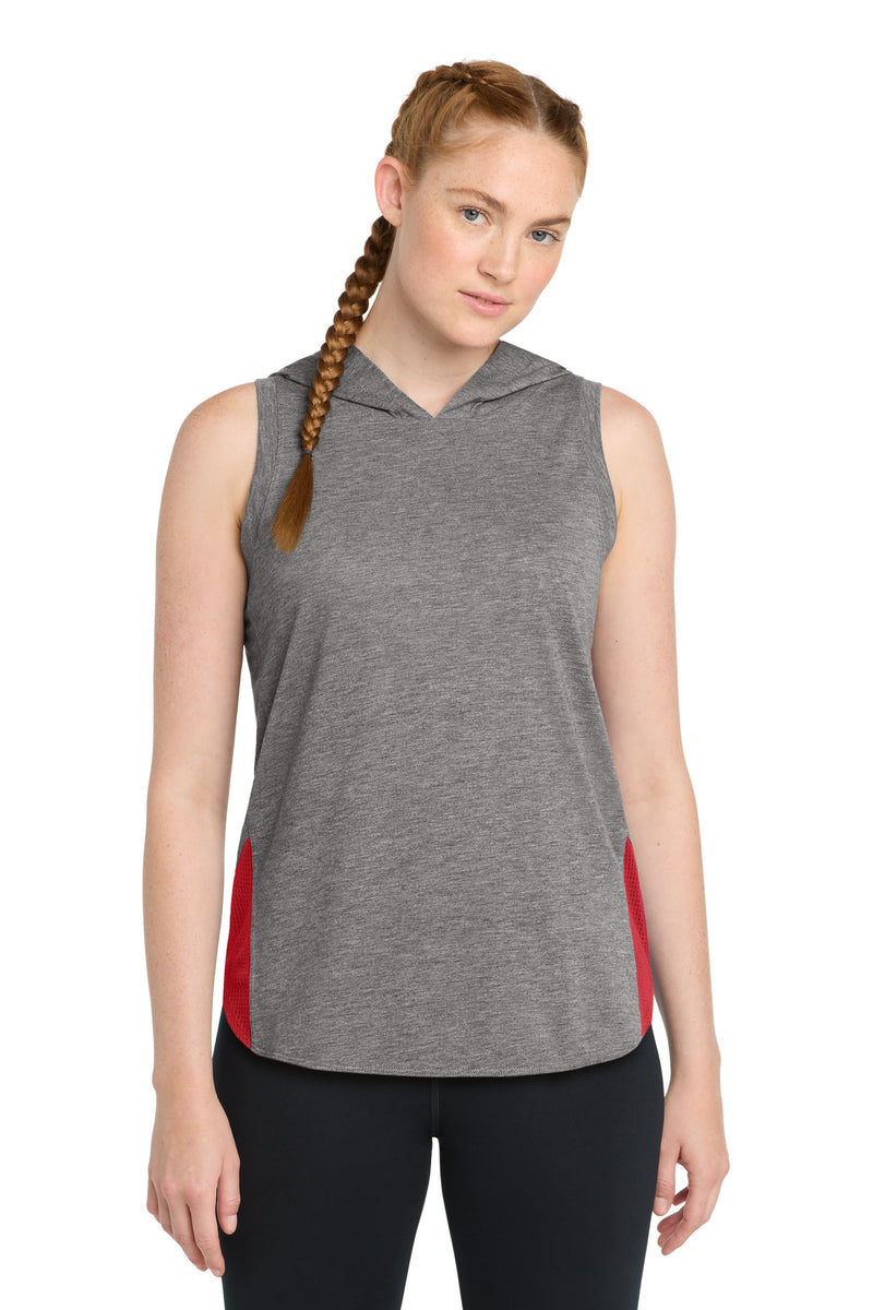 Sport-Tek  Women's PosiCharge  Tri-Blend Wicking Draft Hoodie Tank - True Red/ Dark Grey Heather