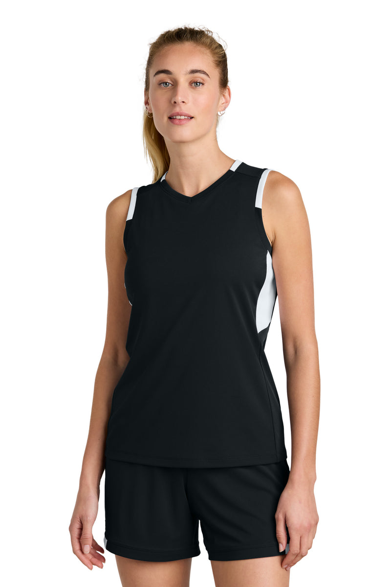 Sport-Tek Women's Club Sleeveless V-Neck - Black/ White