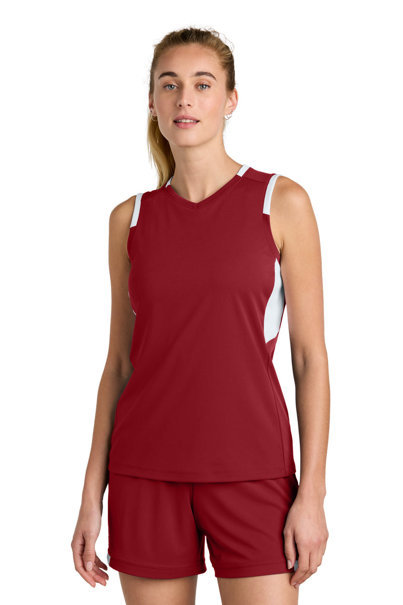 Sport-Tek Women's Club Sleeveless V-Neck - Deep Red/ White
