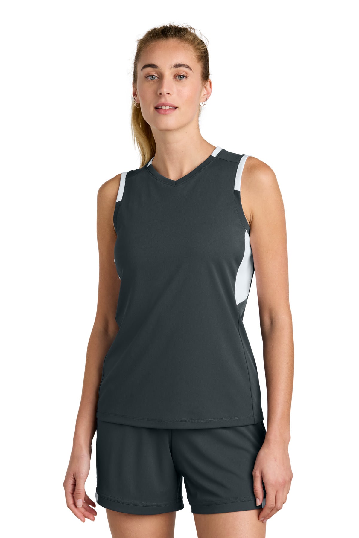 Sport-Tek Women's Club Sleeveless V-Neck - Iron Grey/ White