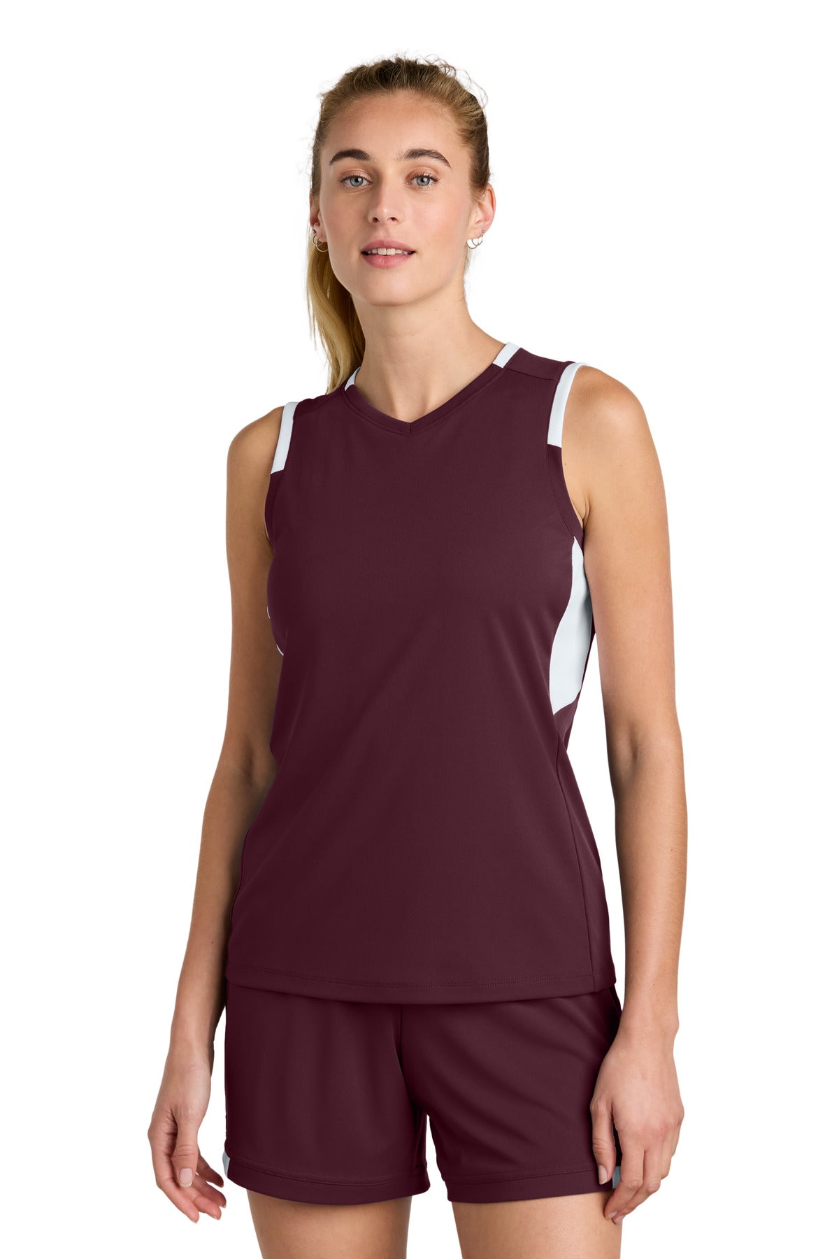 Sport-Tek Women's Club Sleeveless V-Neck - Maroon/ White