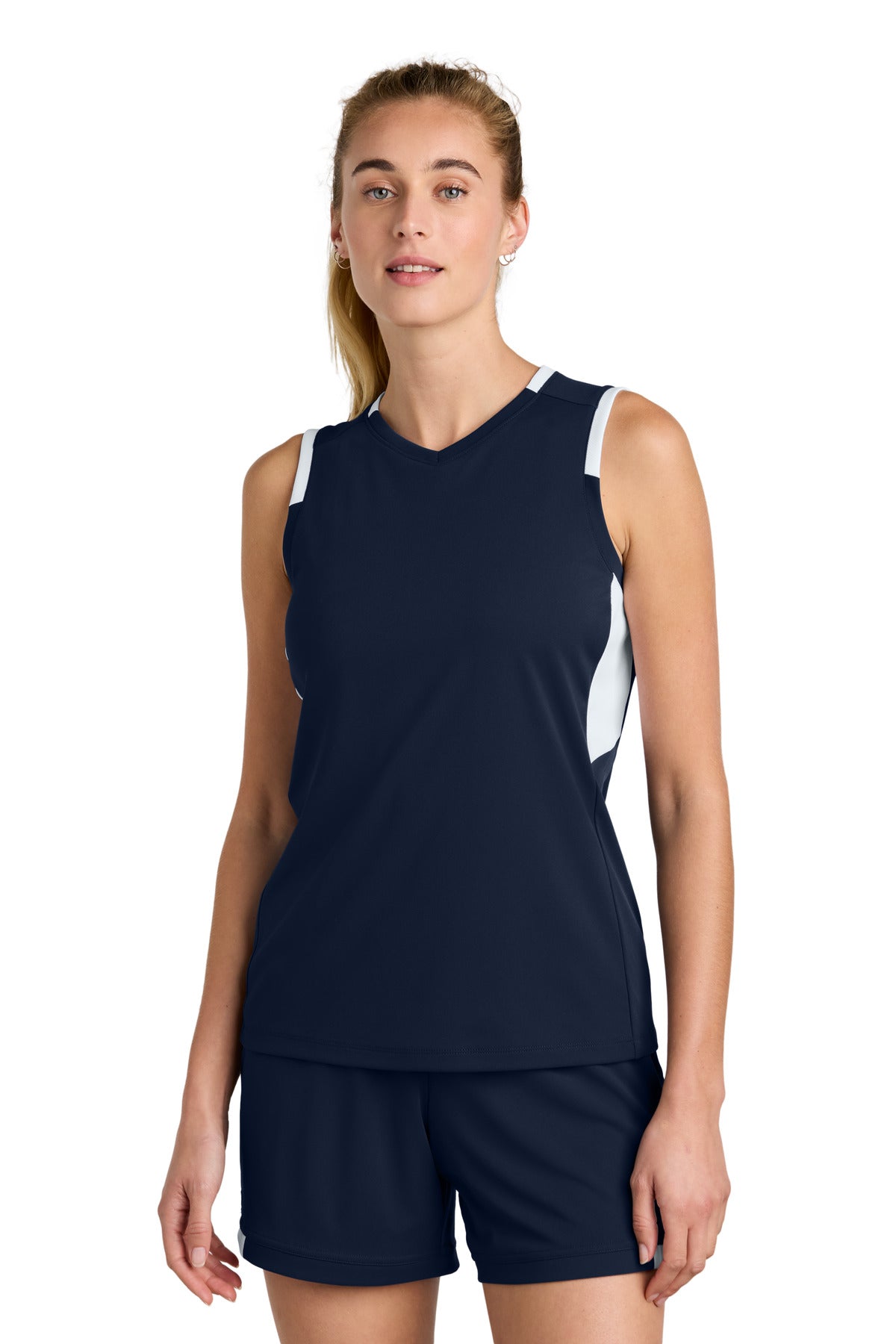 Sport-Tek Women's Club Sleeveless V-Neck - True Navy/ White