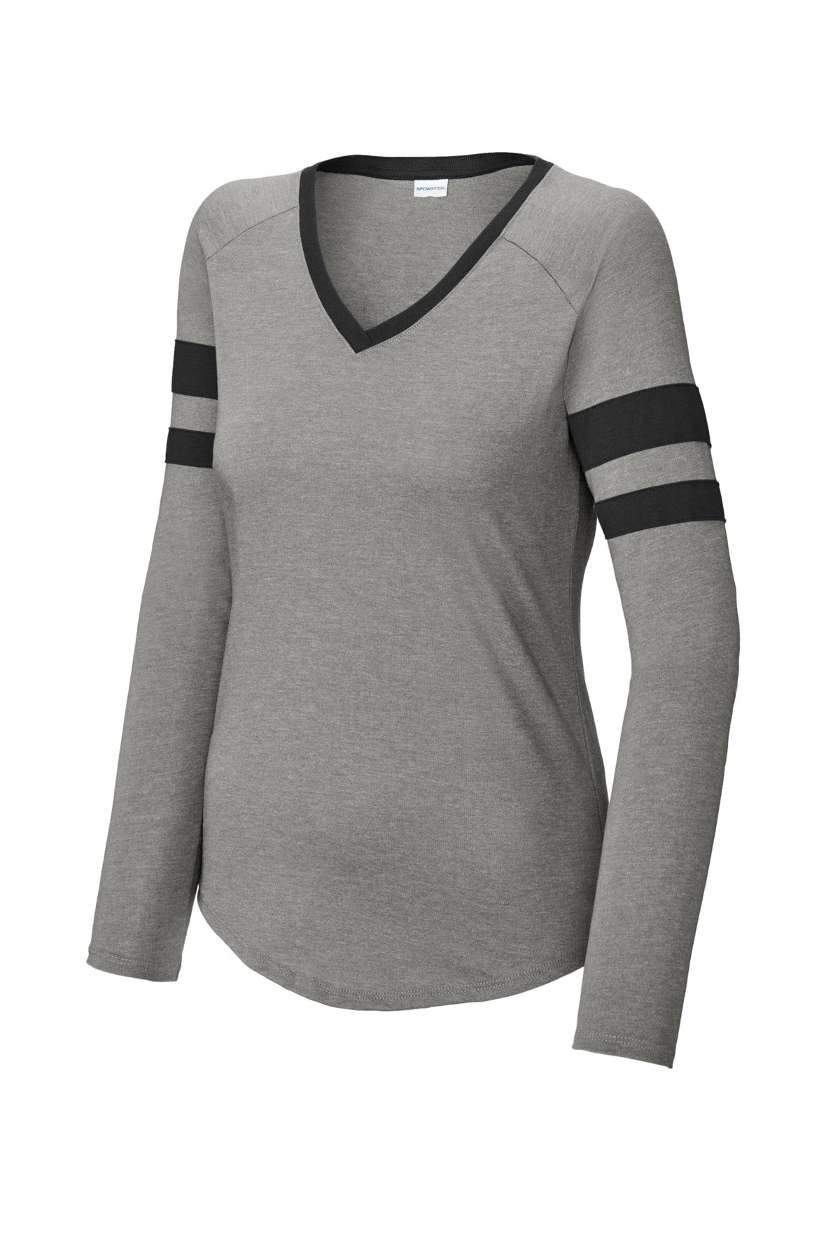 Sport-Tek Women's Halftime Stripe Long Sleeve V-Neck Tee - Black/ Vintage Heather