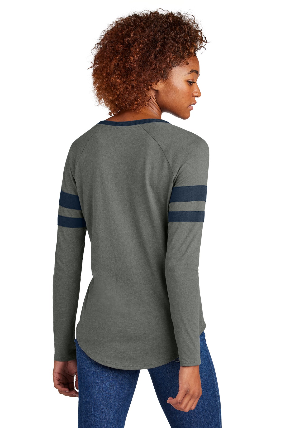 Sport-Tek Women's Halftime Stripe Long Sleeve V-Neck Tee - True Navy/ Vintage Heather