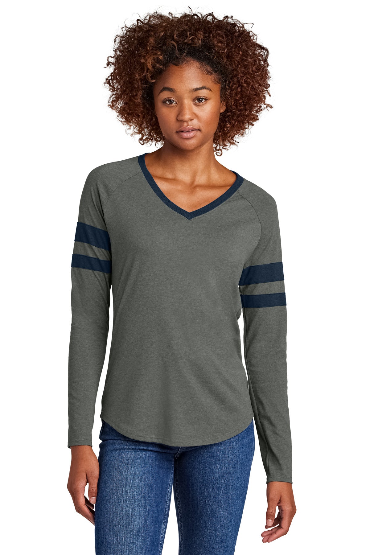 Sport-Tek Women's Halftime Stripe Long Sleeve V-Neck Tee - True Navy/ Vintage Heather