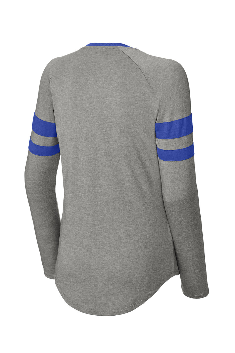 Sport-Tek Women's Halftime Stripe Long Sleeve V-Neck Tee - True Royal/ Vintage Heather