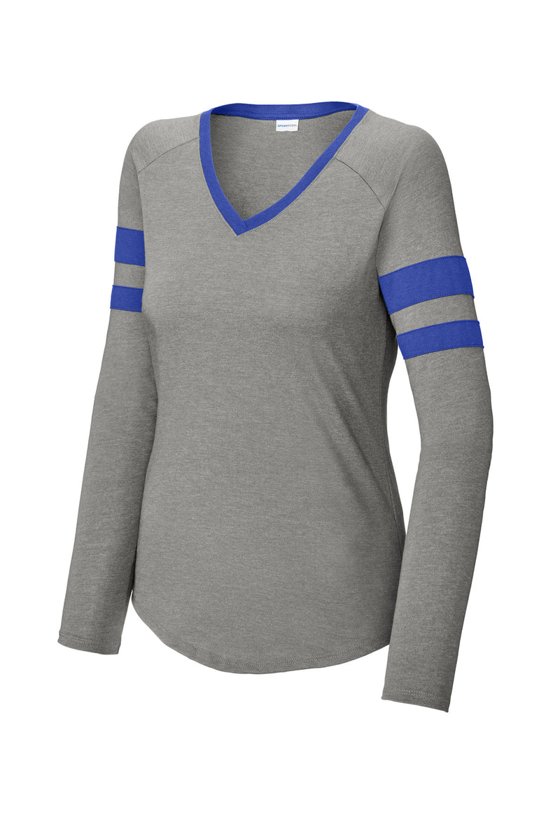 Sport-Tek Women's Halftime Stripe Long Sleeve V-Neck Tee - True Royal/ Vintage Heather