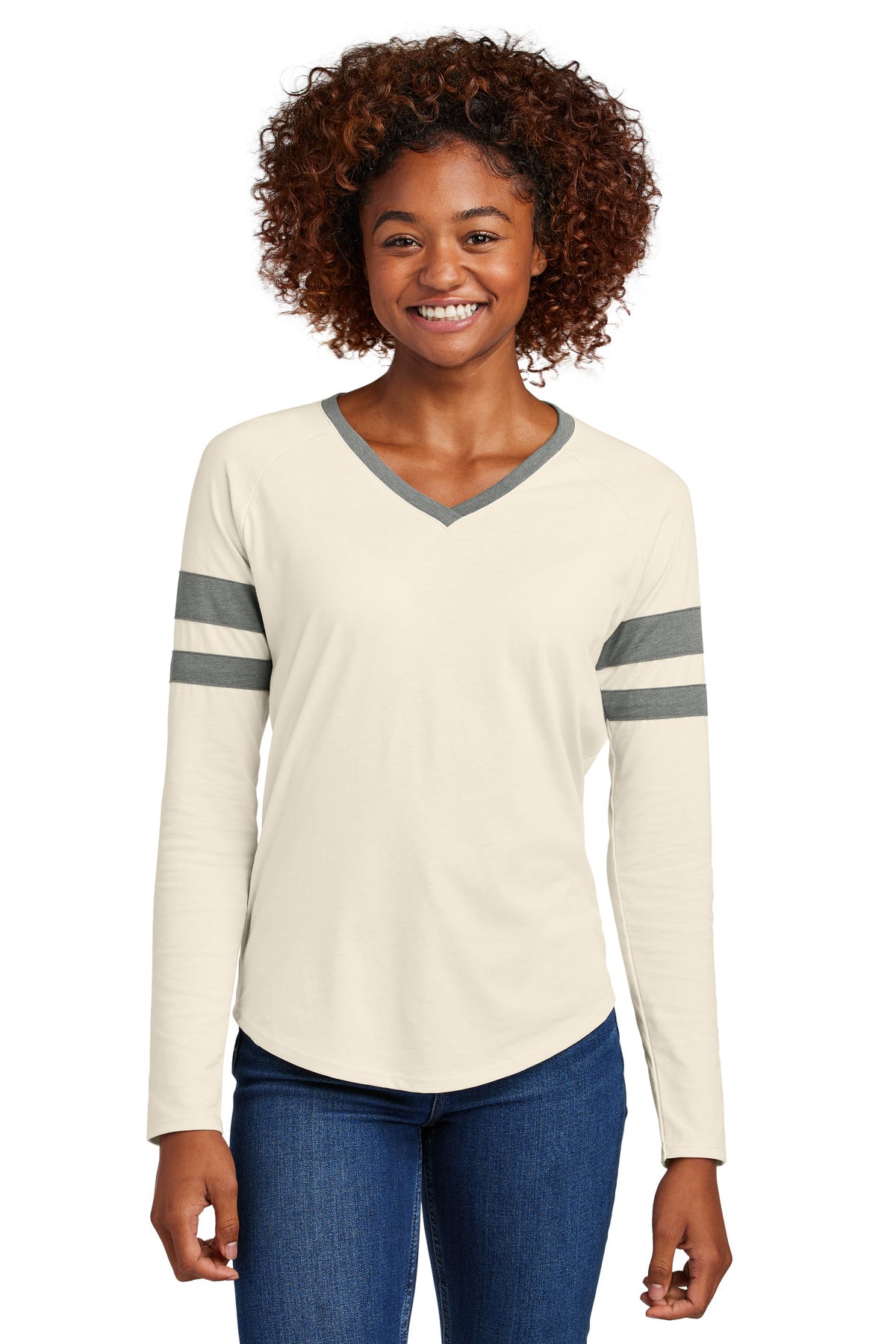 Sport-Tek Women's Halftime Stripe Long Sleeve V-Neck Tee - Vintage Heather/ Ecru