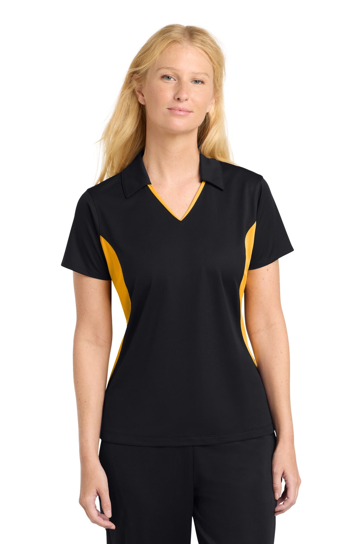 Sport-Tek Women's Side Blocked Micropique Sport-Wick Polo - Black/ Gold