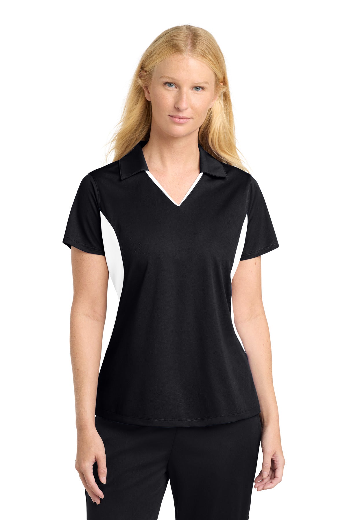 Sport-Tek Women's Side Blocked Micropique Sport-Wick Polo - Black/ White