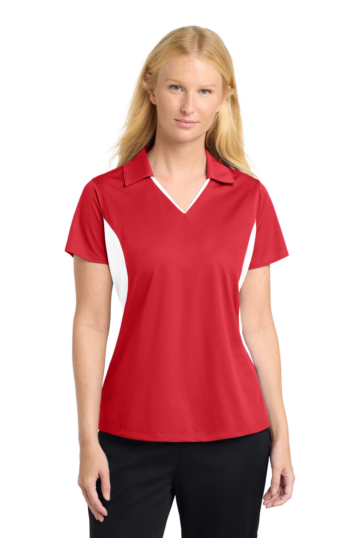 Sport-Tek Women's Side Blocked Micropique Sport-Wick Polo - True Red/ White