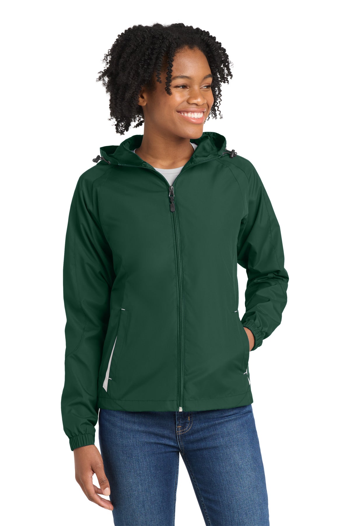 Sport-Tek Women's Colorblock Hooded Raglan Jacket - Forest Green/ White