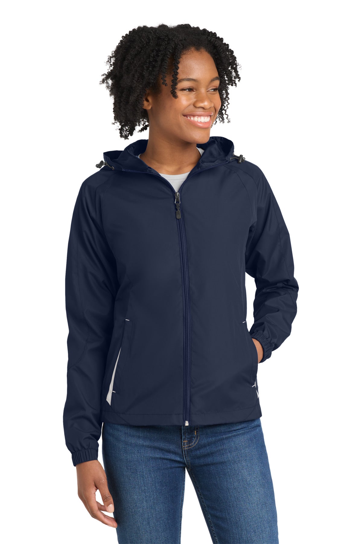 Sport-Tek Women's Colorblock Hooded Raglan Jacket - True Navy/ White
