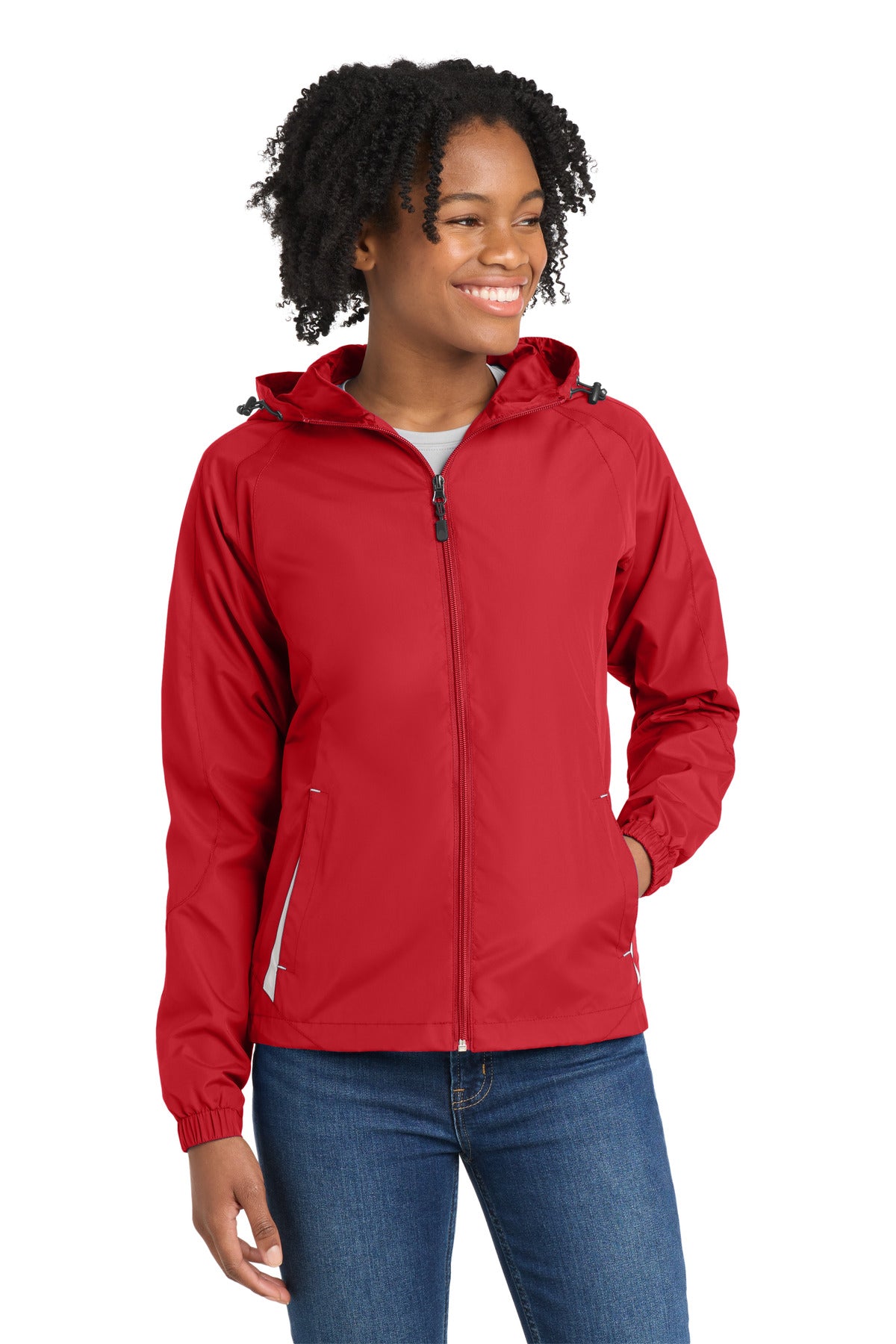 Sport-Tek Women's Colorblock Hooded Raglan Jacket - True Red/ White