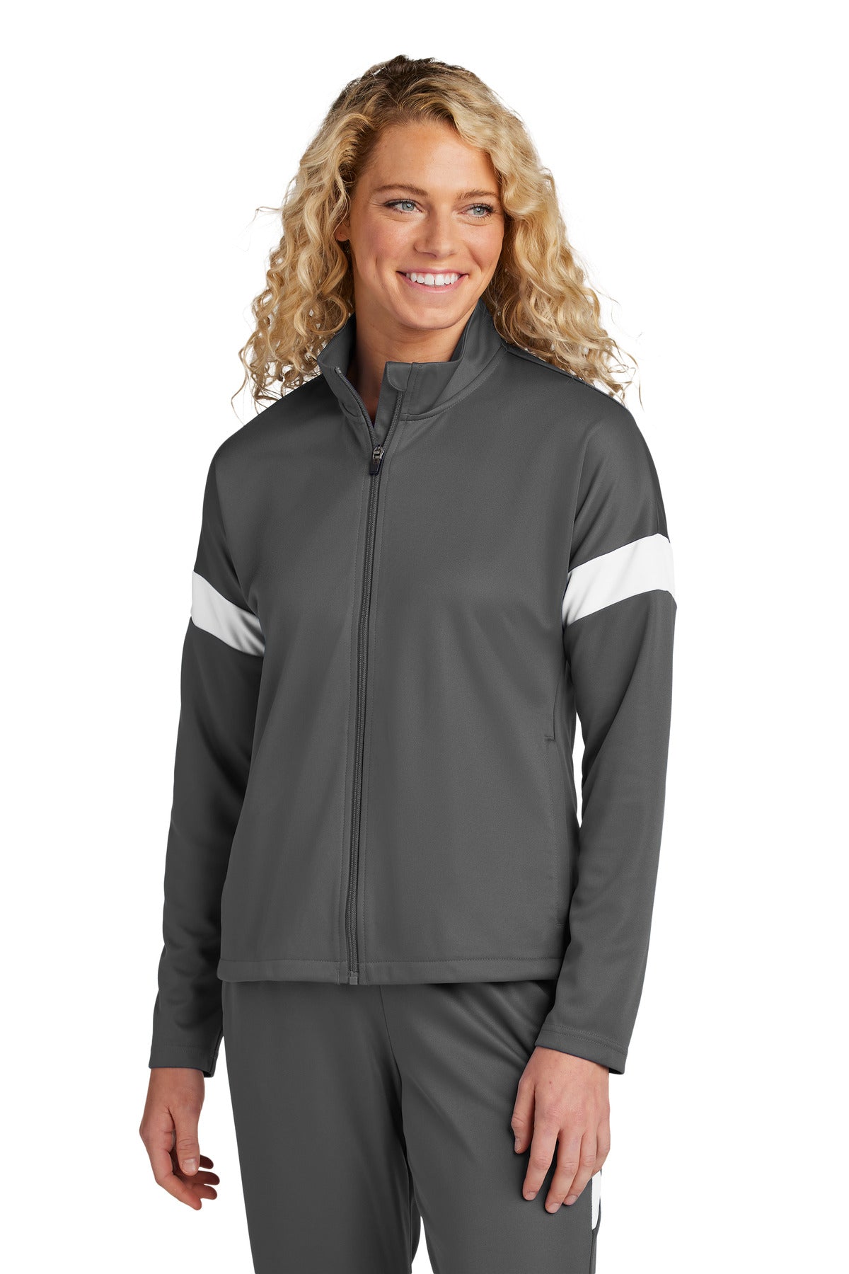 Sport-Tek Women's Travel Full-Zip Jacket - Iron Grey/ White
