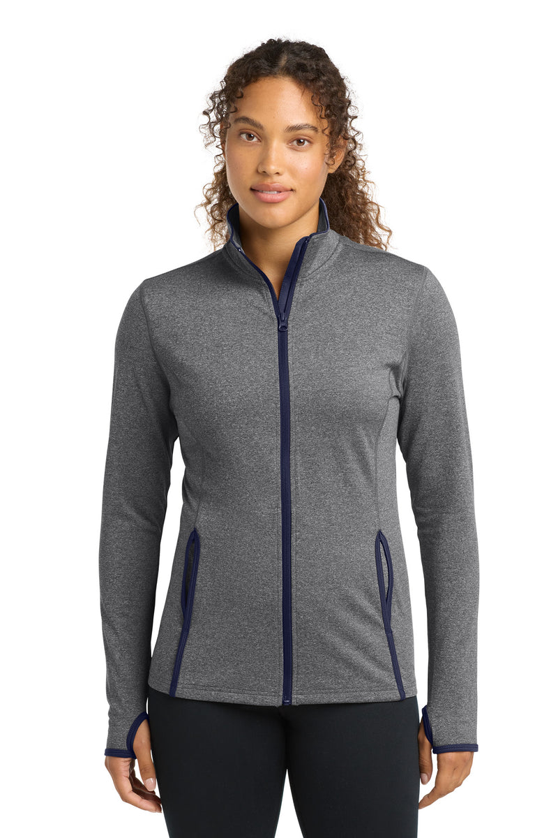 Sport-Tek Women's Sport-Wick Stretch Contrast Full-Zip Jacket - Charcoal Grey Heather/ True Navy