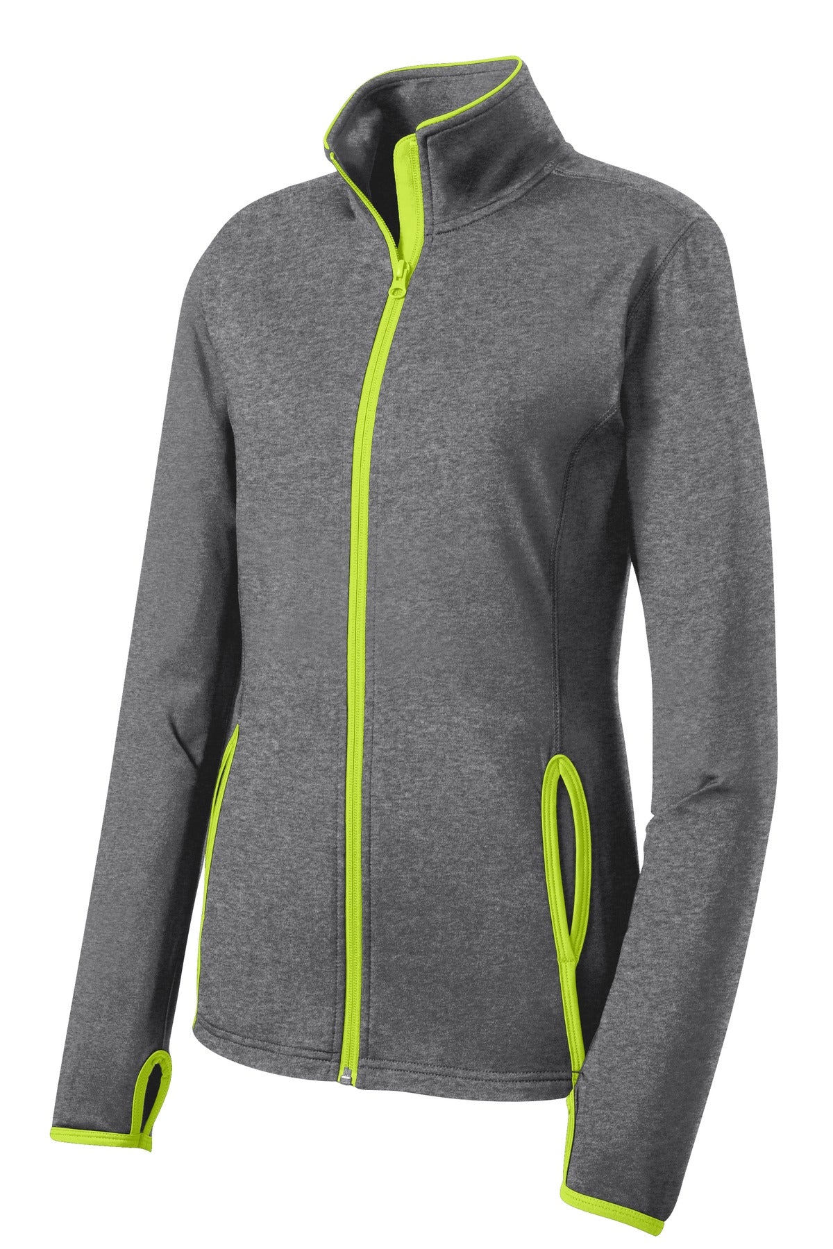 Sport-Tek Women's Sport-Wick Stretch Contrast Full-Zip Jacket - Charcoal Grey Heather/ Charge Green