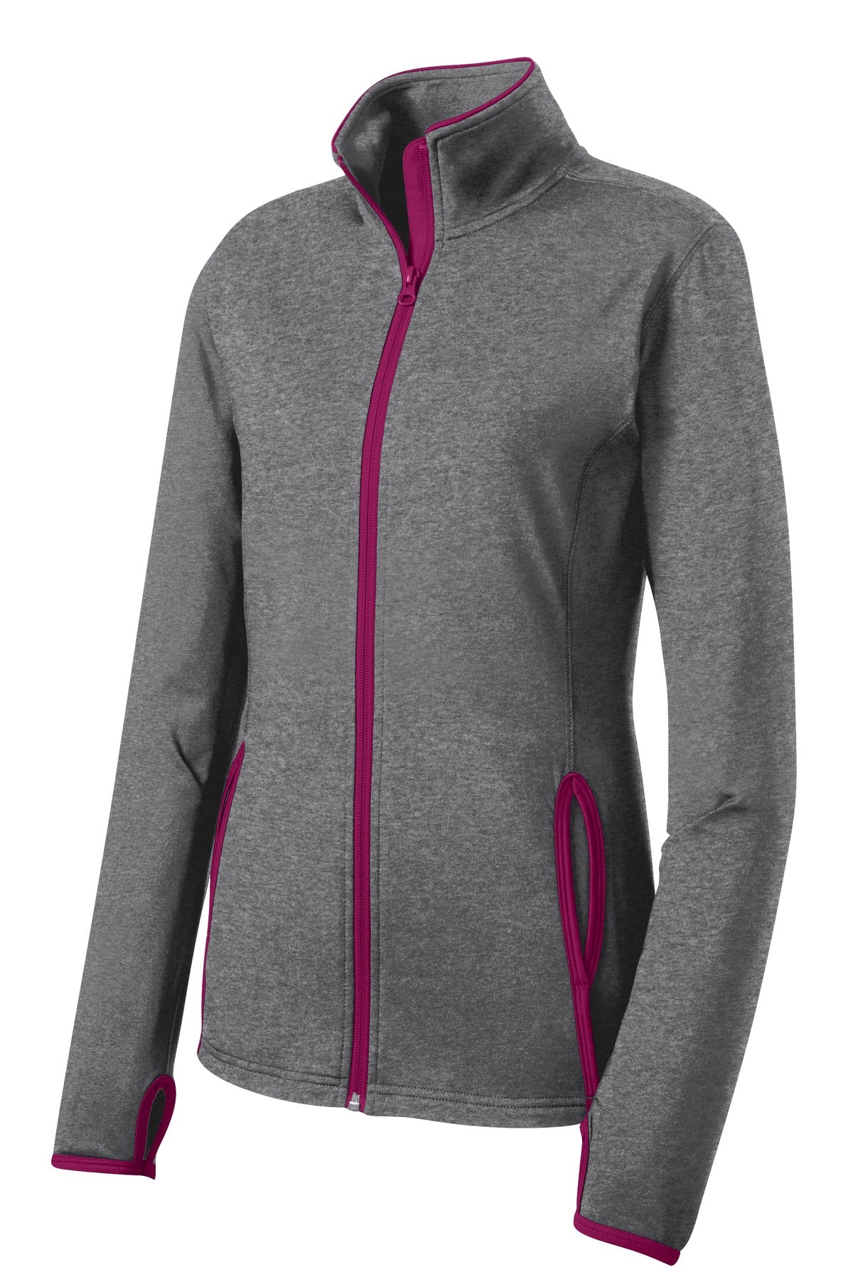 Sport-Tek Women's Sport-Wick Stretch Contrast Full-Zip Jacket - Charcoal Grey Heather/ Pink Rush