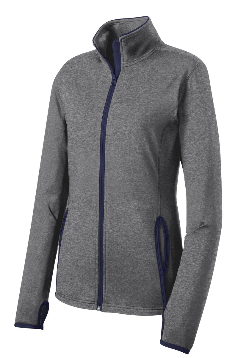 Sport-Tek Women's Sport-Wick Stretch Contrast Full-Zip Jacket - Charcoal Grey Heather/ True Navy