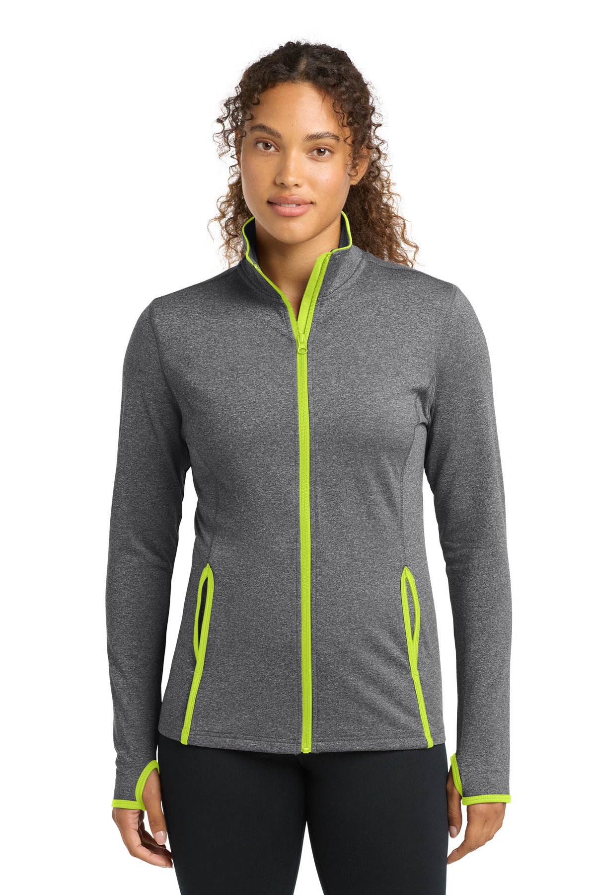 Sport-Tek Women's Sport-Wick Stretch Contrast Full-Zip Jacket - Charcoal Grey Heather/ Charge Green