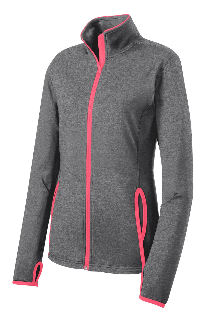 Sport-Tek Women's Sport-Wick Stretch Contrast Full-Zip Jacket - Charcoal Grey Heather/ Hot Coral