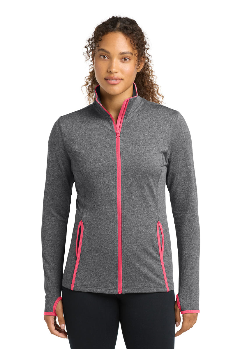 Sport-Tek Women's Sport-Wick Stretch Contrast Full-Zip Jacket - Charcoal Grey Heather/ Hot Coral
