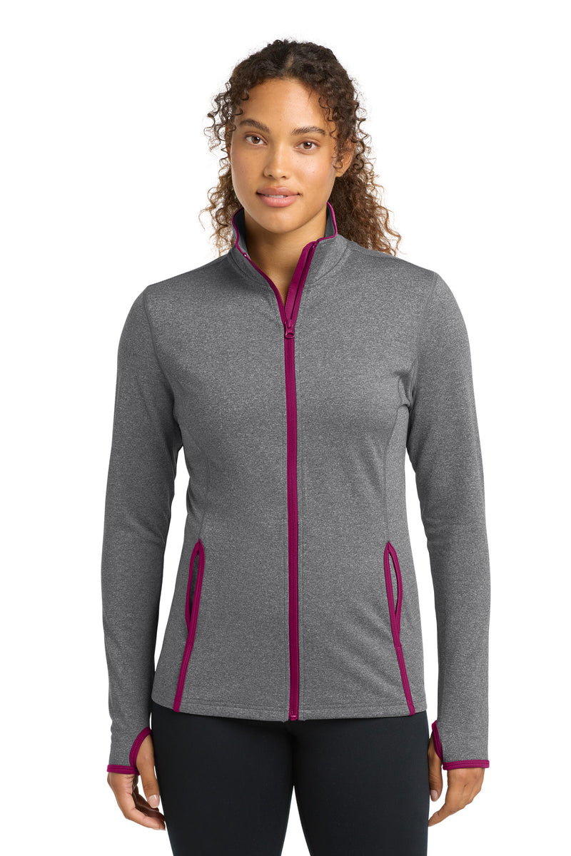 Sport-Tek Women's Sport-Wick Stretch Contrast Full-Zip Jacket - Charcoal Grey Heather/ Pink Rush