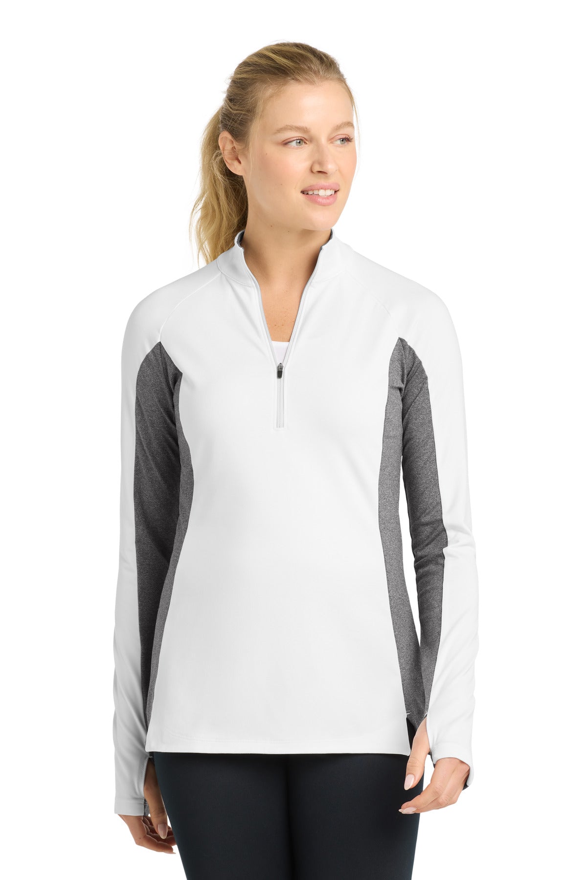 Sport-Tek Women's Sport-Wick Stretch Contrast 1/4-Zip Pullover - White/ Charcoal Grey Heather