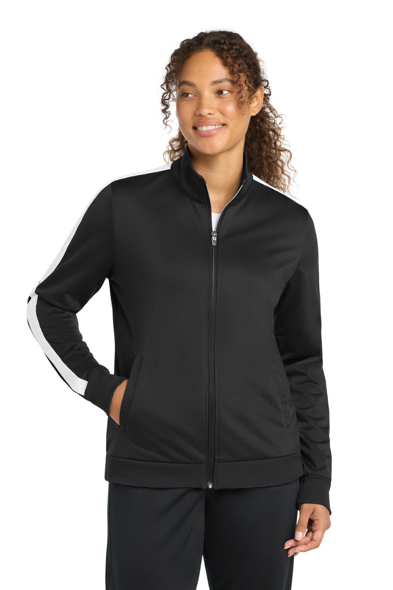 Sport-Tek  Ladies Tricot Sleeve Stripe Track Jacket - Black/ White