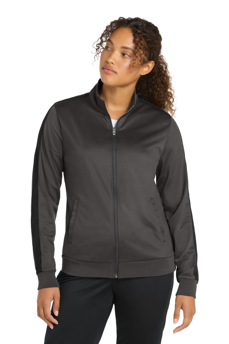 Sport-Tek  Ladies Tricot Sleeve Stripe Track Jacket - Graphite/ Black