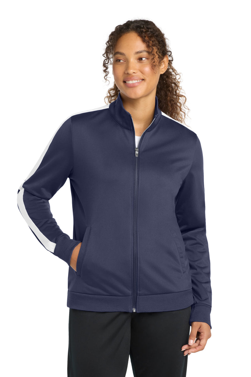 Sport-Tek  Ladies Tricot Sleeve Stripe Track Jacket - True Navy/ White